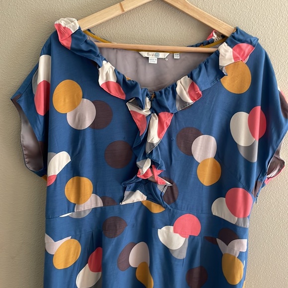 Boden Blue Polka Dot Silk Blend Short Sleeve Dress With Neck Ruffle Size U.S. 14 - Picture 2 of 11